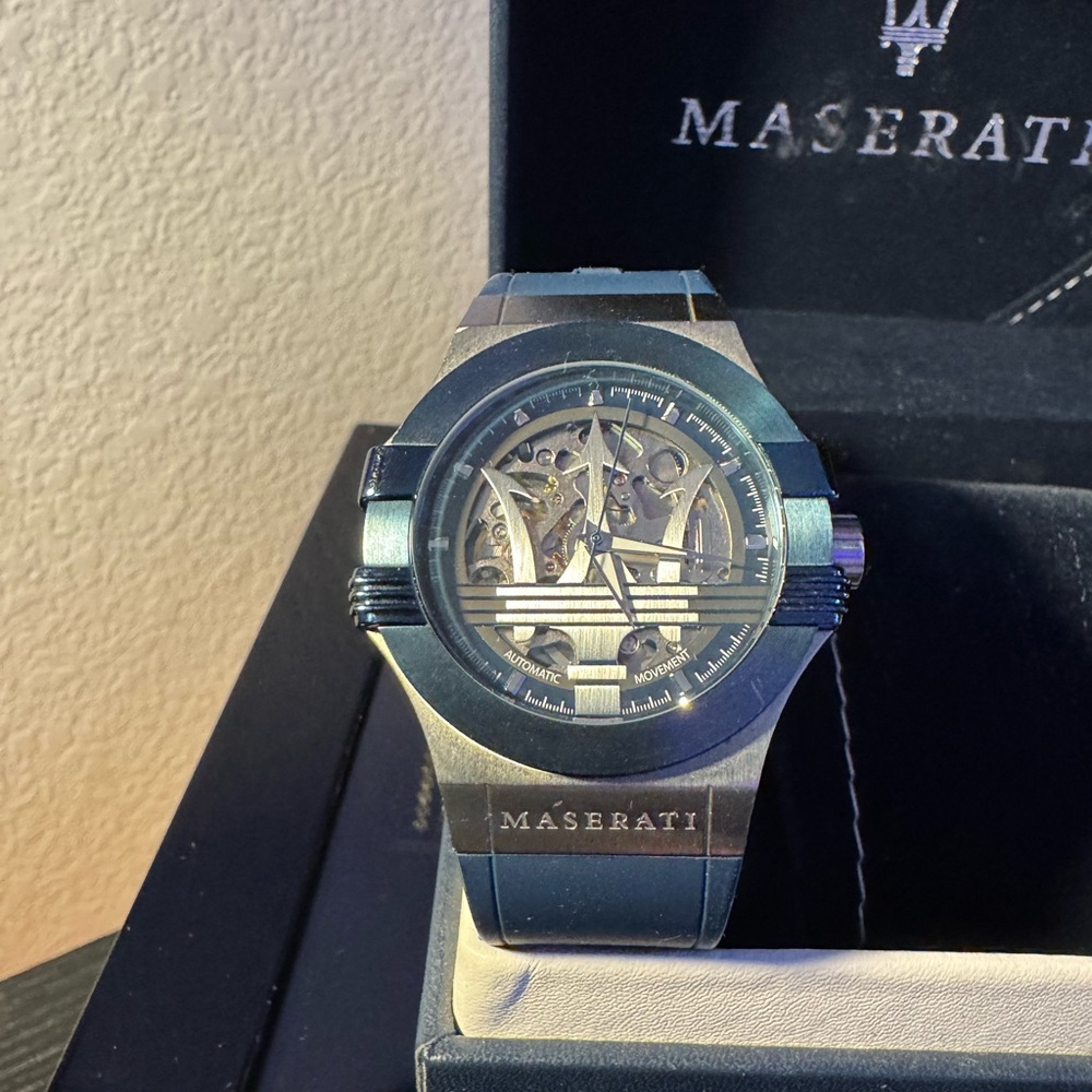 Maserati Potenza Blue and Silver Watch with Skeleton Face